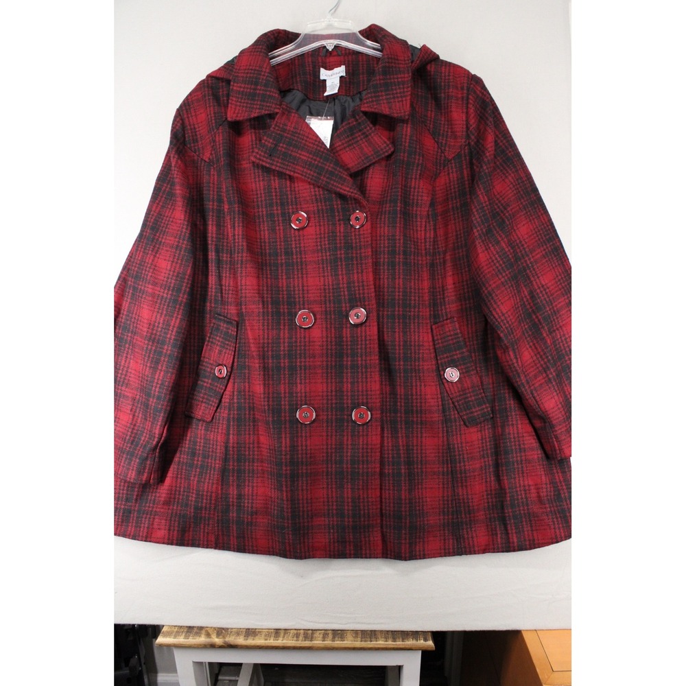 Catherines Pea Coat Womens 4X Red Plaid Hooded Double Breasted Wool Blend NWT